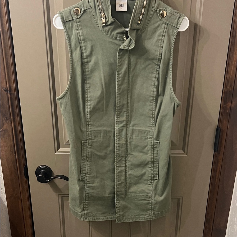CAbi Sage Green Sleeveless Vest with Gold Details